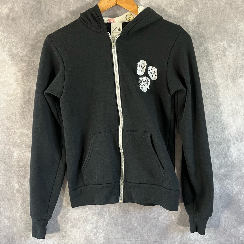 Rick & Morty Daylight Curfew Hoodie Unisex XS Black Zip Up Sweater Embroidered
